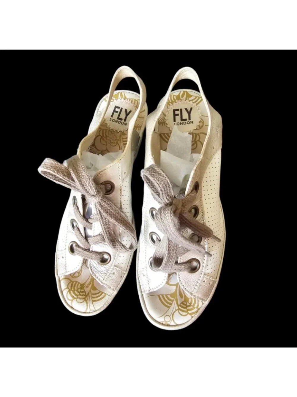 FLY LONDON Yuta Leather Peep Slingback Lace Wedge Heel Sandals Sz‎ 39 Sz 8 8.5